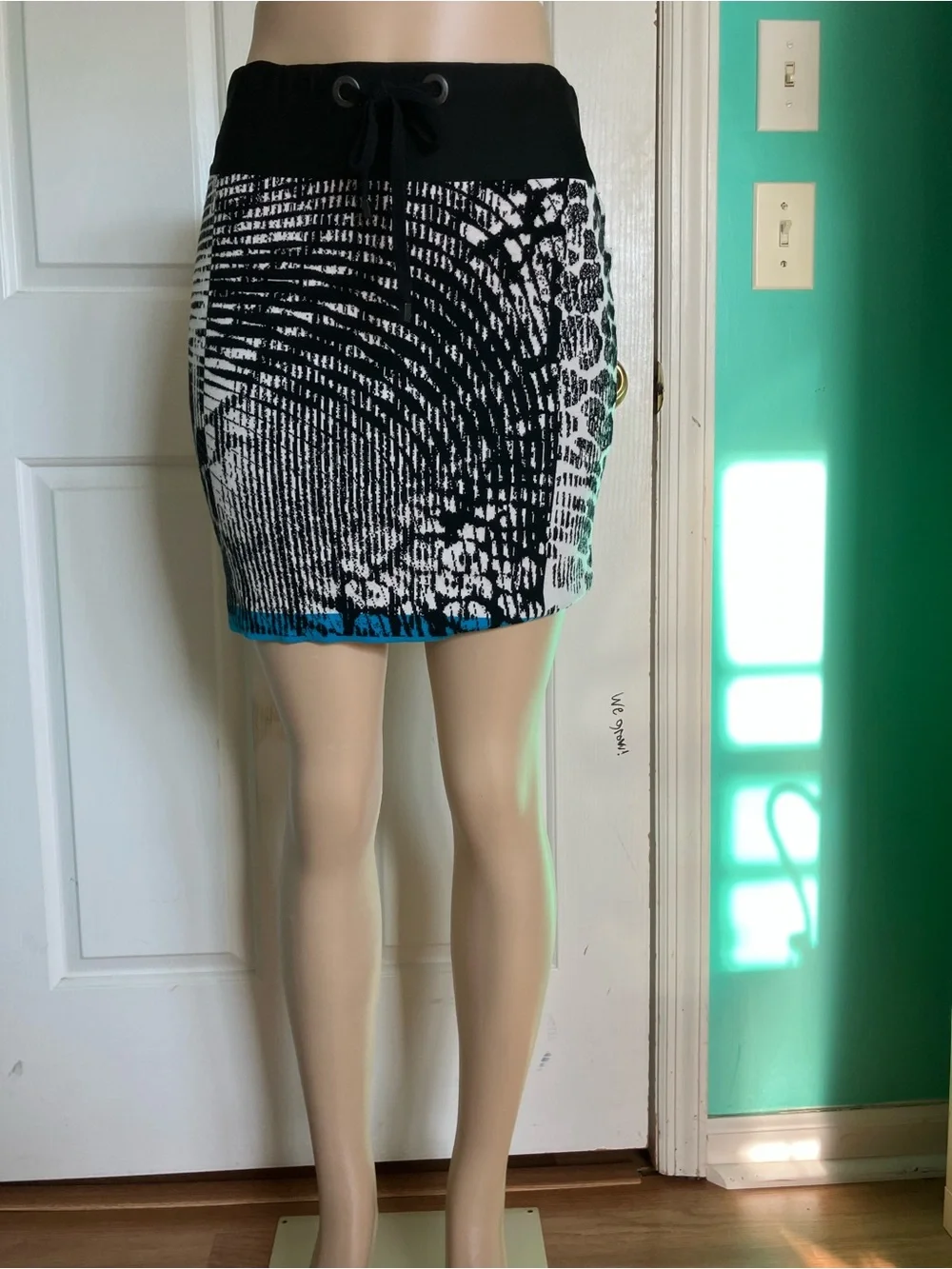 Marc Cain Black and White Knit Mini Skirt with Teal Trim